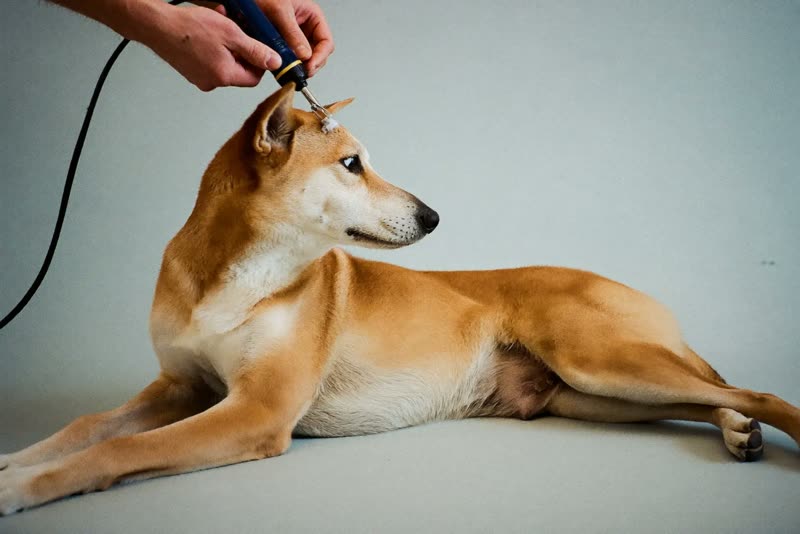 A calm groomed dog lying in profile