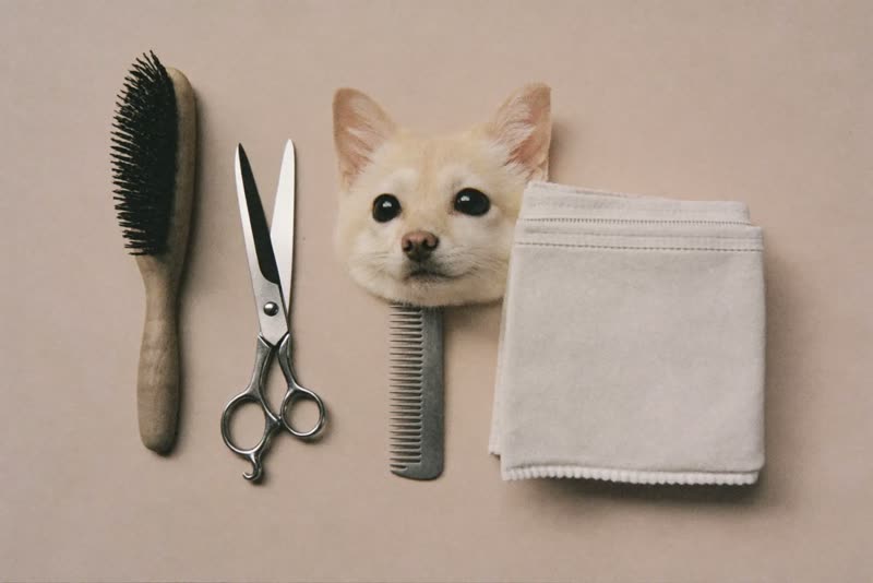 Grooming brushes, comb, scissors and a folded towel laid out