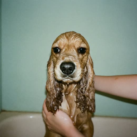 A spaniel being bathed, hands steadying it